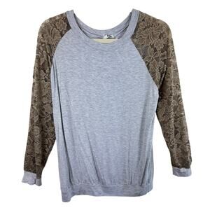Egy Gray Raglan Stretchy Long Tan Lace Sleeve Rayon Top Made In USA Size M
